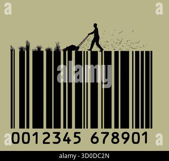 Ein Mann mäht Gras von der Oberseite eines Barcodes, während er die Preise schneidet und sie in einer 3D-Abbildung niedrig hält. Stock Vektor