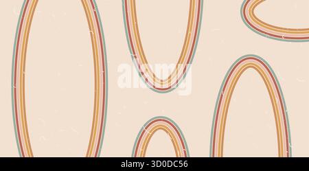 Boho Regenbogenfarben mit ovalem Streifenmuster und strukturiertem Hintergrund. Horizontales Banner mit abgerundeten Streifen und abstraktem Muster. Vektor Vintage kreisförmige Unterstreichung Geometrien Stock Vektor