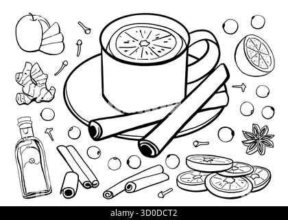 Würzen Sie Heißgetränk Tasse Kritzelillustration mit Zutaten. Glühweingetränk mit Zitrusscheiben, Apfel, Nelken, Kardamom, Flasche Wein, Kardamom, ci Stock Vektor