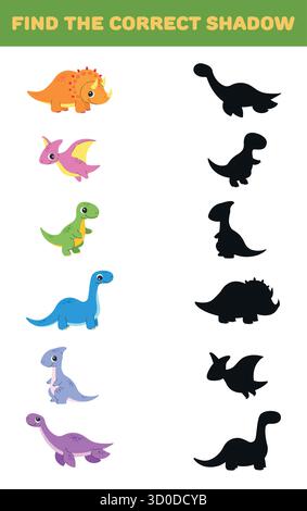 Finden Sie den richtigen Schatten. Süße Dinosaurier. Lernspiele für Kinder. Vektorabbildung Stock Vektor