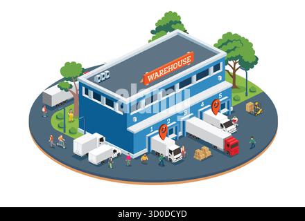 Isometrisches Lager mit Lkw, Gabelstaplern, Arbeitern und Kisten auf Paletten. Ladedocks. Positionszeiger über Fahrzeugen. Frachtumschlag. Stock Vektor