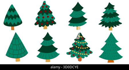 Tannen, Weihnachtsbäume. Satz flacher Illustrationen. Design für Postkarten, Flyer, Banner und Inneneinrichtung. Abzeichen, Schilder, Sticker Pins Logo Stock Vektor