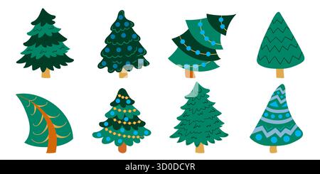 Tannen, Weihnachtsbäume. Satz flacher Illustrationen. Design für Postkarten, Flyer, Banner und Inneneinrichtung. Schilder mit Abzeichen Stock Vektor