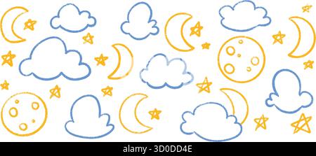 Kreide Buntstifte am Nachthimmel mit Monden, Sternen und Wolkenformen in blauen und gelben Farben. Stock Vektor