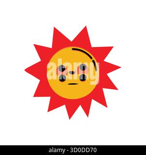 Symbol der müden Sonne: Cartoon besorgte Sonne Gesicht mit roten Stachelstrahlen Stock Vektor