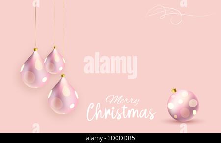 Rosafarbener Weihnachtshintergrund mit hängenden Kugeln. Weihnachtsrahmen mit Kopierraum. Frohe Weihnachten, festliche Bälle. Grußkarte Mockup, Banner Stock Vektor