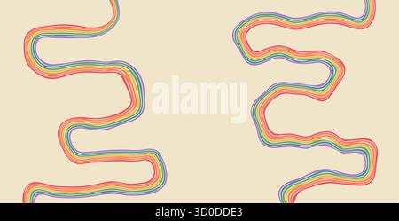 Hintergrund der dynamischen ungleichmäßigen Flüssigkeitslinien des Regenbogens. Gewellte, flüssige Streifen in Vintage-Farben. Verspieltes Design mit Wellenbogen. Vektor-Retro-Groovy Stock Vektor