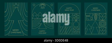 Vektor Moderne geometrische abstrakte Illustration des Weihnachtsmanns, weihnachtsbaum, tannenspielzeug und Kugeln, Schneemann Stock Vektor