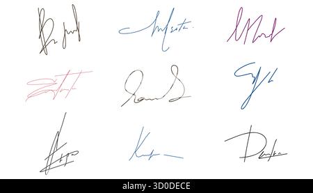 Gefälschtes Autogramm, handgezeichnetes Signature-Doodle-Sketch-freies Handschreiberzeichen. Beispiel für Tintennamen für Vertrag, Zertifikat, Schriftart mit Scribble-Zeile. Vektorabbildung Stock Vektor