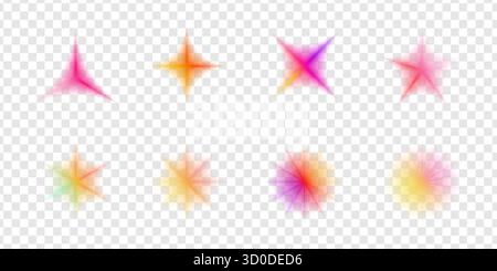 Verwischter Farbverlauf und glitzernde Sternsymbole in pastellfarbener Y2K-Palette. Weiches abstraktes Muster mit geometrischen Details und Halbtonstruktur. Perfekt für Stock Vektor