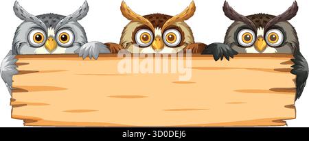 Drei Eulen auf einem leeren Holzschild Stock Vektor