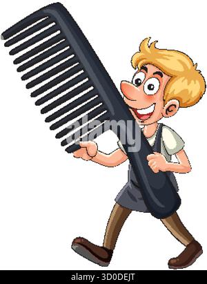 Lächelnder Cartoon-Friseur geht, der riesigen schwarzen Kamm hält, flacher Vektor-Stil, weißer Hintergrund Stock Vektor