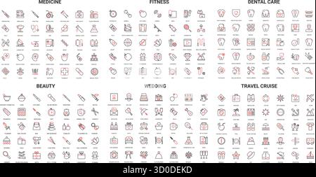 Umfassendes Set moderner Linien-Symbole für Medizin, Fitness, Zahnpflege, Schönheit, Hochzeit, und Reisekreuzfahrtthemen sind perfekt für Web-, App- und Printdesign-isolierte Vektorillustration Stock Vektor