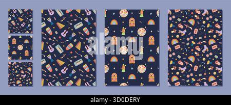Grooviges Retro Seamless Music Pattern Set Stock Vektor