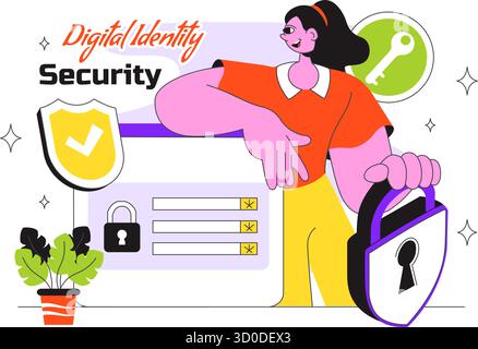 Abbildung Zur Digitalen Identitätssicherheit Mit Sicherer Benutzerauthentifizierung Mit Passwörtern, Verifizierung Von Identitäten, Biometrischen Daten Und Anmeldeaktivitäten Stock Vektor