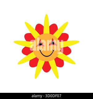 Unverschmitztes Sonnensymbol: Die lächelnde Karikatursonne mit zweifarbigen Strahlen Stock Vektor
