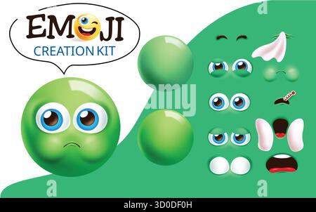 Emoji Sick Creation Kit Clipart Set. Grüne Emoji-Gesichtsgestaltung bearbeitbare Charakterclip-Art mit krankem, unwohlem, erbrochenem, krankem und kaltem Gesichtsausdruck Stock Vektor