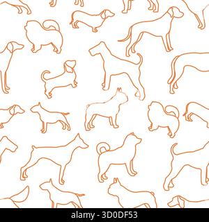 Hund Silhouetten Muster auf weißem Hintergrund mit verschiedenen Rassen in orange Umrissvektor Stock Vektor