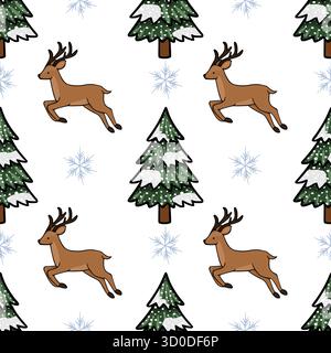 Bezauberndes, nahtloses Vektor-Muster mit springenden Hirschen und schneebedeckten Kiefern mit zarten Schneeflocken, die an eine skurrile Winterwaldszene erinnern. Stock Vektor