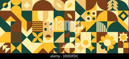 Bauhaus-geometrische Komposition mit Pflanzenmotiven in gelben, grünen und braunen Farben. Abstraktes modernistisches Muster mit Blumen- und Blattelementen im Rasterlayout für dekorativen Hintergrund im Retro-Design. Stock Vektor