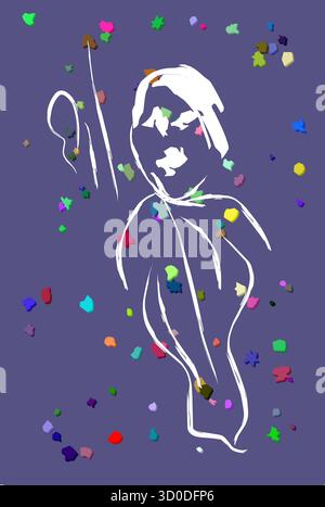 Ein moderner abstrakter Vektor mit einer weißen, handgezeichneten menschlichen Figur mit erhobenem Arm auf lila Hintergrund. Bunte Formen umgeben die Figur, Kreati Stock Vektor