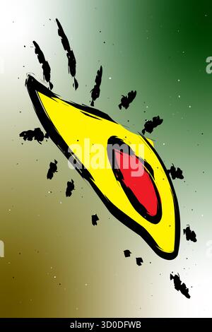 Auffällige Vektor-Illustration mit einem stilisierten Illuminati-Auge in einer gelben flammenartigen Form mit einer roten Mitte. Umgeben von dynamischer schwarzer Splattermarke Stock Vektor