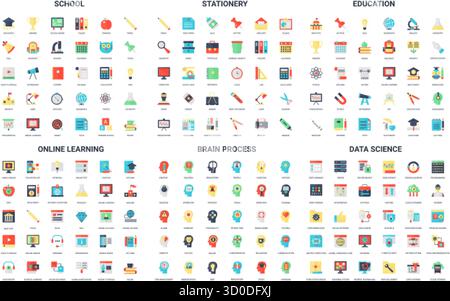 Buntes Set von 180 einfachen flachen Symbolen, die Schulpapierunterricht Online-Lernen Gehirnprozess, Data Science perfekt für Web-Apps Infografiken und Präsentationen Vektorillustration abdecken Stock Vektor