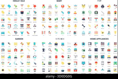 Buntes Set mit 180 einfachen flachen Symbolen für Haushalt, Baby, Haustier, Garten, Küche, und Haushaltsgeräte, die sich perfekt für Web, Apps, Infografiken und Präsentationen eignen Stock Vektor
