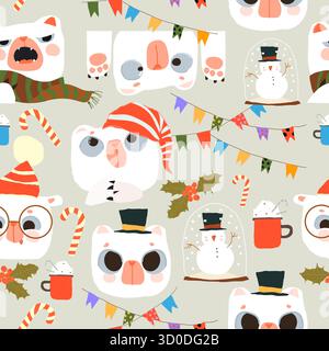 Nahtloses Muster mit niedlichen Eisbären-Gesichtern und weihnachtlichen Elementen Stock Vektor