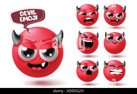 Emoji Devil Charakter Clipart Set. Devil Emojis Halloween Red Charaktere Clip Art in niedlichen, Mad, Happy, Shock, gruseligen und weinenden Emoticon gruseligen Gesichts Stock Vektor