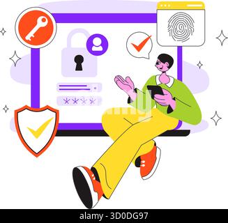Abbildung Zur Digitalen Identitätssicherheit Mit Sicherer Benutzerauthentifizierung Mit Passwörtern, Verifizierung Von Identitäten, Biometrischen Daten Und Anmeldeaktivitäten Stock Vektor