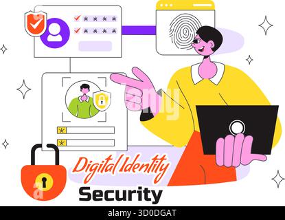 Abbildung Zur Digitalen Identitätssicherheit Mit Sicherer Benutzerauthentifizierung Mit Passwörtern, Verifizierung Von Identitäten, Biometrischen Daten Und Anmeldeaktivitäten Stock Vektor