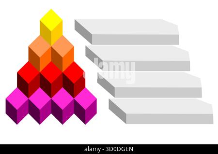 Statistische Infografik von Rot mit Orange mit violettem und gelbem abgestuftem geometrischem Design, Pyramidenform, vier Ebenen für gestapeltes Erscheinungsbild Stock Vektor