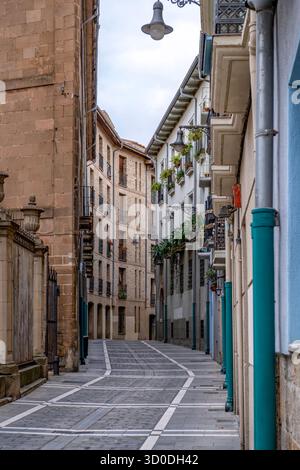 Enge Fußgängerzone in der historischen Altstadt, traditionelle Architektur, Steinhäuser, Balkone mit Pflanzen, gepflasterter Fußweg, Spanien Stockfoto