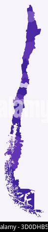 Karte von Chile mit Regionen. Nur eine einfache Ländergrenzkarte mit regionaler Aufteilung. Dunkelviolett. Stock Vektor