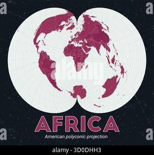 Afrika. Weltkarte. Amerikanische polykonische Projektion mit Fokus auf Afrika. Blassmintfarbene dunkelrosa Palette. Vintage-Textur. Fesselnde Vektorillustration. Stock Vektor