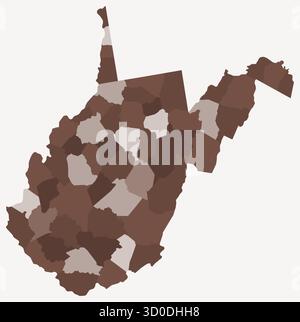 Karte von West Virginia mit Countys. Nur eine einfache Grenzkarte mit Bezirksverteilung. Braune Farbpalette. Stock Vektor