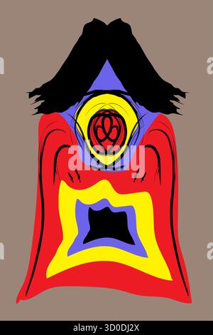 Auffälliger abstrakter Vektor mit einem sich drehenden dritten Auge in der Mitte mit roten und schwarzen Mustern, umgeben von einem gelben Ring. Enthält ein blaues Dreieck, Dyn Stock Vektor