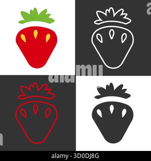Vier Linien mit Erdbeeren werden in einem Raster mit roten, weißen und schwarzen Variationen angezeigt. Jedes Symbol hebt die besondere Form und Merkmale einer Erdbeere hervor. Stock Vektor