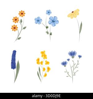 Sechs verschiedene Aquarellblumen sind auf weißem Hintergrund zu sehen. Die Blüten sind in verschiedenen Farben erhältlich, darunter Gelb, Blau und Orange. Stock Vektor