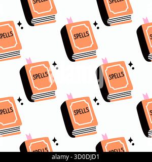 Einfaches Zauberbuch handgezeichnetes nahtloses Halloween-Muster auf weißem Hintergrund. Vektortapete Illustration wiederholen Design für Stoffdruck, Aufkleber Stock Vektor