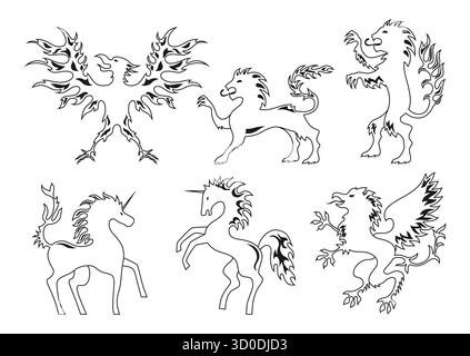 Heraldische Tiere für Wappensätze. Heraldry Wappen Elemente Linie Maskottchen Löwe, Einhorn, Adler und Fantasy griffin Konturkollektion. Mittelalterliche Embleme für Königreich Vektor Grafik Illustration Stock Vektor