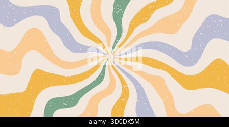 Grooviger Swirl bunter Starburst Hintergrund. Retro-spiralförmige Flüssigkeitsstrahlen abstrakte Illustration. Vektorgewellte Retro-Dekoration. Radiale Karnevalsstreifen vint Stock Vektor