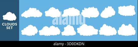 Satz weißer Wolken auf blauem Himmel Hintergrund perfekt für Wetterdesign oder Cloud Computing Konzepte weiche flauschige Formen Stock Vektor