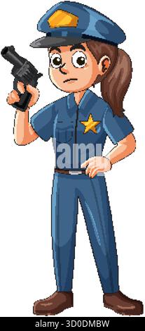 Cartoon-Polizistin in blauer Uniform mit Pistole, stehend mit ernstem Ausdruck, weißem Hintergrund Stock Vektor