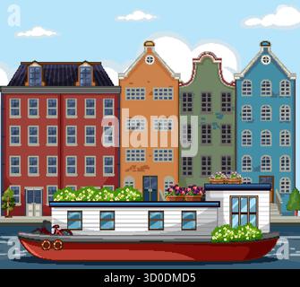 Helle Kanalhäuser und ein Hausboot mit Grün, flacher Vektorstil, tagsüber, klarer Himmel Stock Vektor