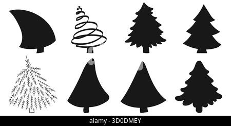 Tannen, Weihnachtsbäume. Set handgezeichneter Silhouetten. Entwurf von Rätseln und pädagogischen Aktivitäten für Kinder. Symbole, Schilder, Aufkleber, Abzeichen Stock Vektor