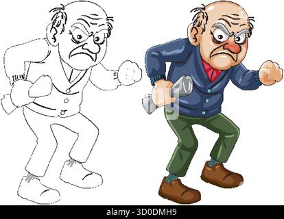 Wütender älterer Mann, der Zeitung, Farb- und Umrissvektor, ausdrucksstarke Zeichentrickfigur, kühne Linien. Stock Vektor