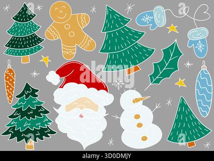 Weihnachtsbaum, Schneemann, Lebkuchen. Satz handgezeichneter farbiger Illustrationen auf grauem Hintergrund. Weiße Umrandung. Design für Postkarten und Banner. Schlecht Stock Vektor