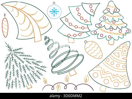 Weihnachtsbaum, Weihnachtsbaumschmuck. Satz handgezeichneter Illustrationen. Handgezeichneter, farbiger Umriss. Design zum Ausmalen von Seiten, Postkarten. Abzeichen Stock Vektor